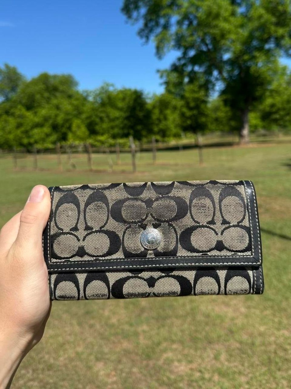 Coach Signature Canvas Trifold Wallet in Black and Tan